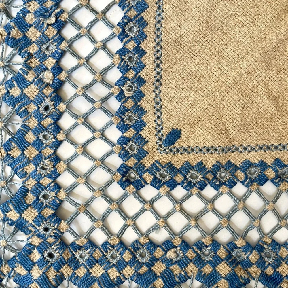 Antique Hand Embroidered Hardanger Lace Table Topper Doily Vintage Blue Natural